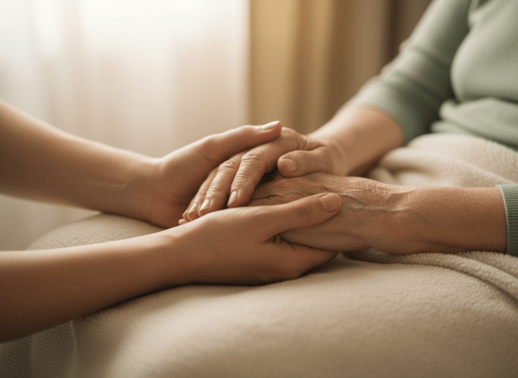Illustrative image of a caregiver gently holding an older adult's hands