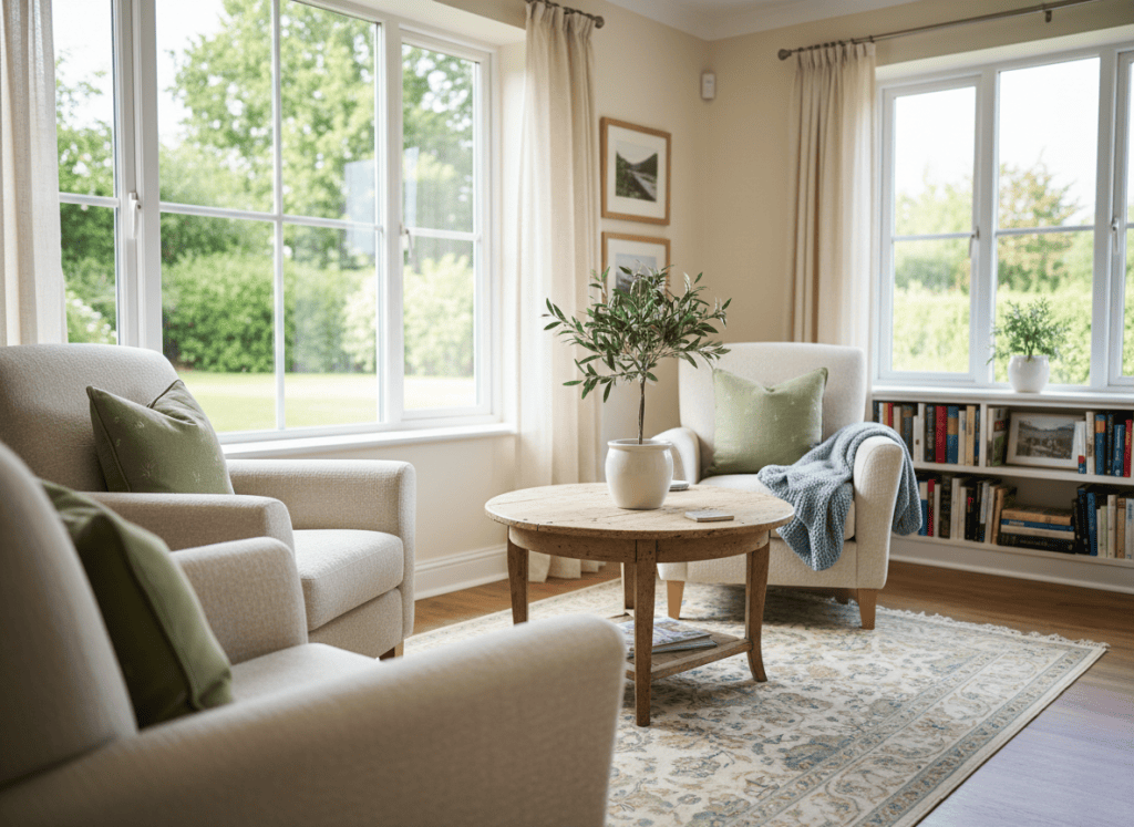 Illustrative image of a calm, home-like living area with armchairs and garden views