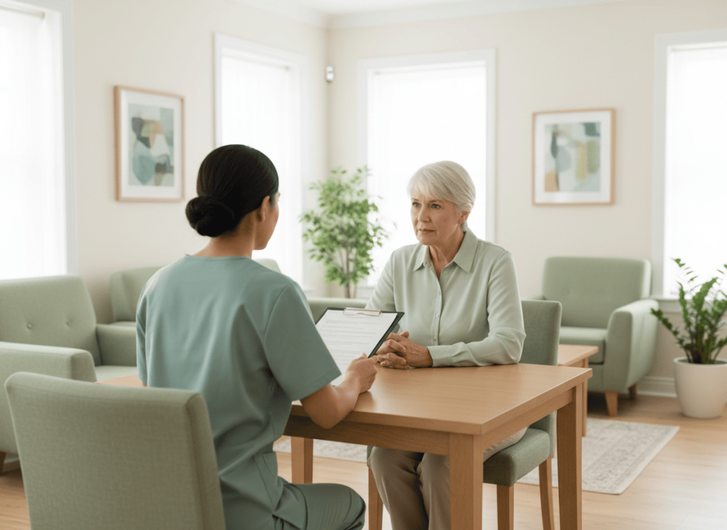 Illustrative image of a nurse speaking with a family member at a table