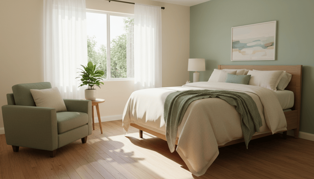 Illustrative image of a bright, home-like residential care bedroom with a care bed, armchair and plants